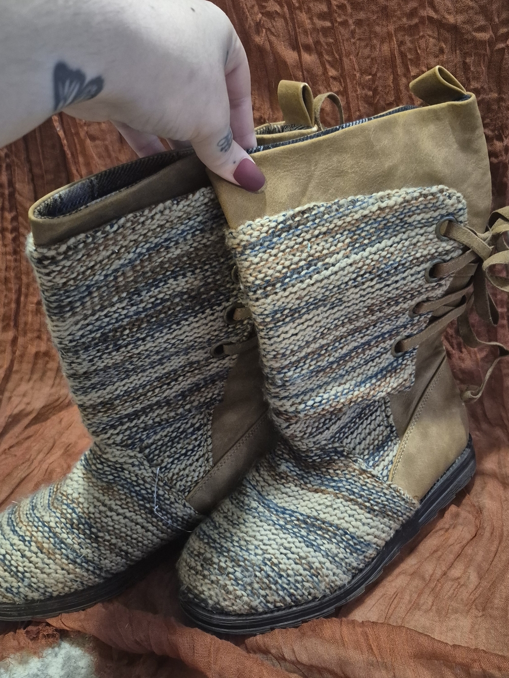 Muk Luks Knit & Suede Mid-Calf Boots in Tan and Blue